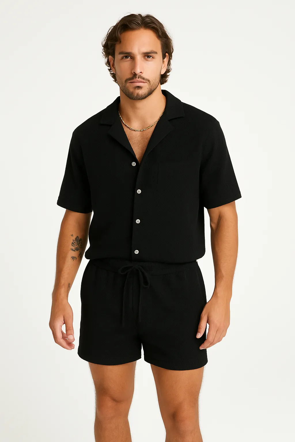 Mens Casual Outfit Set  Lightweight Textured Shirt and Drawstring Shorts  Relaxed Fit