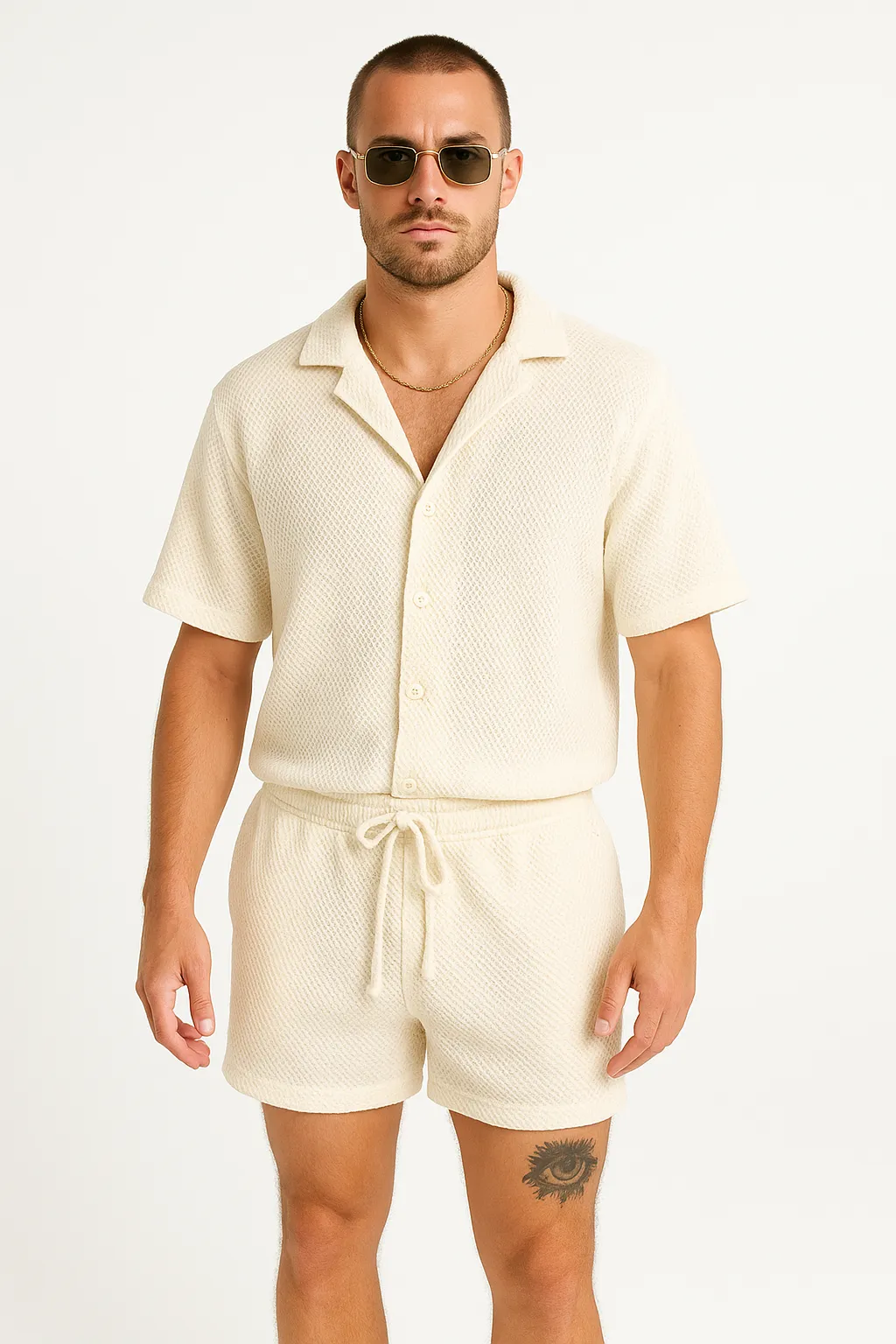 Mens Casual Outfit Set  Lightweight Textured Shirt and Drawstring Shorts  Relaxed Fit