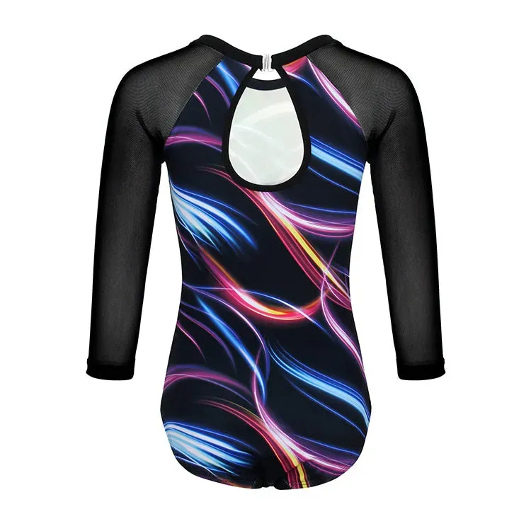 Neon Light Trail 3/4 Mesh Sleeve Gymnastics Leotard Set for Girls