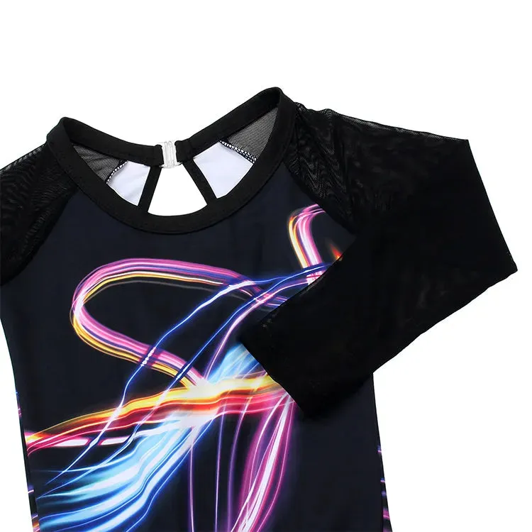 Neon Light Trail 3/4 Mesh Sleeve Gymnastics Leotard Set for Girls