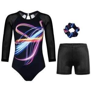 Neon Light Trail 3/4 Mesh Sleeve Gymnastics Leotard Set for Girls Neon Light Trail 3/4 Mesh Sleeve Gymnastics Leotard Set for Girls