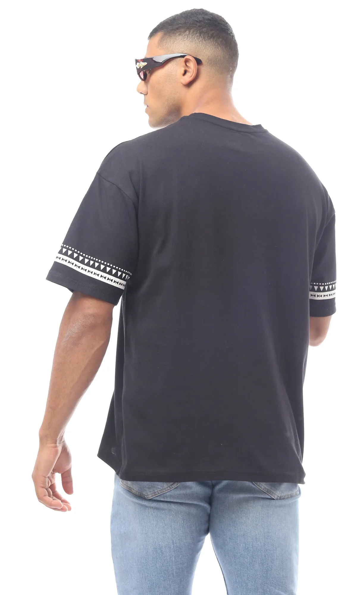 O170289 Printed Slip On Round Neck Black Tee