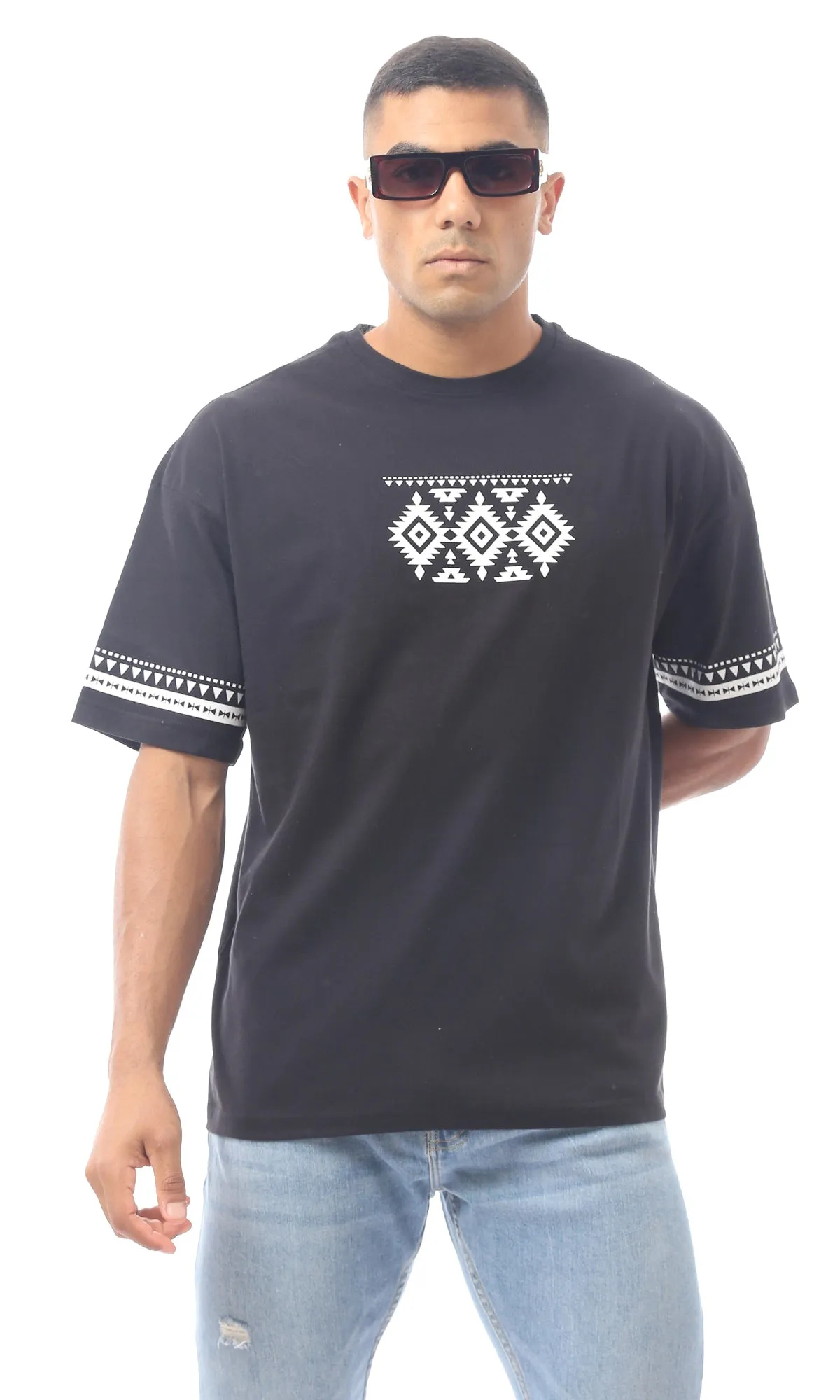 O170289 Printed Slip On Round Neck Black Tee