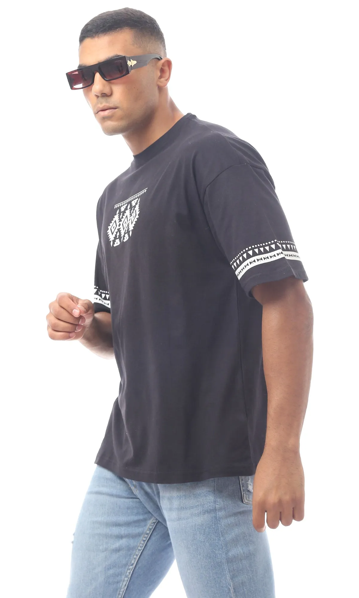 O170289 Printed Slip On Round Neck Black Tee