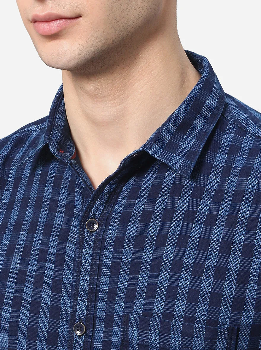 Peacock Blue Checked Slim Fit Semi Casual Shirt | JadeBlue