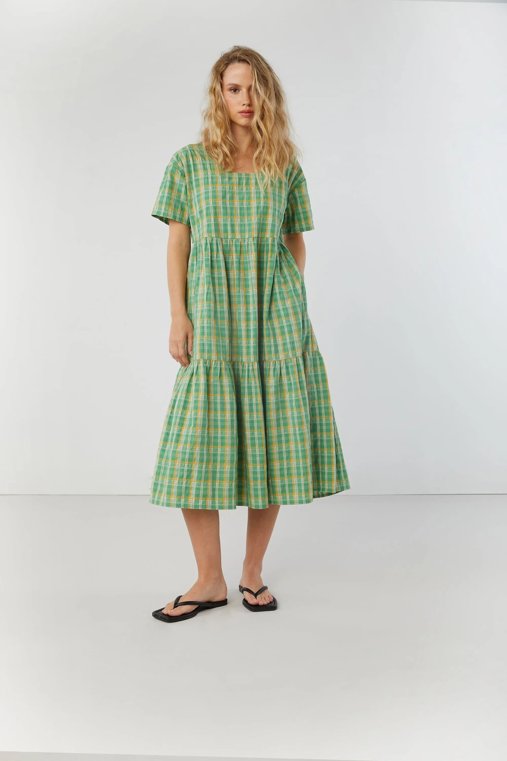 PLAID TIERED MIDI DRESS