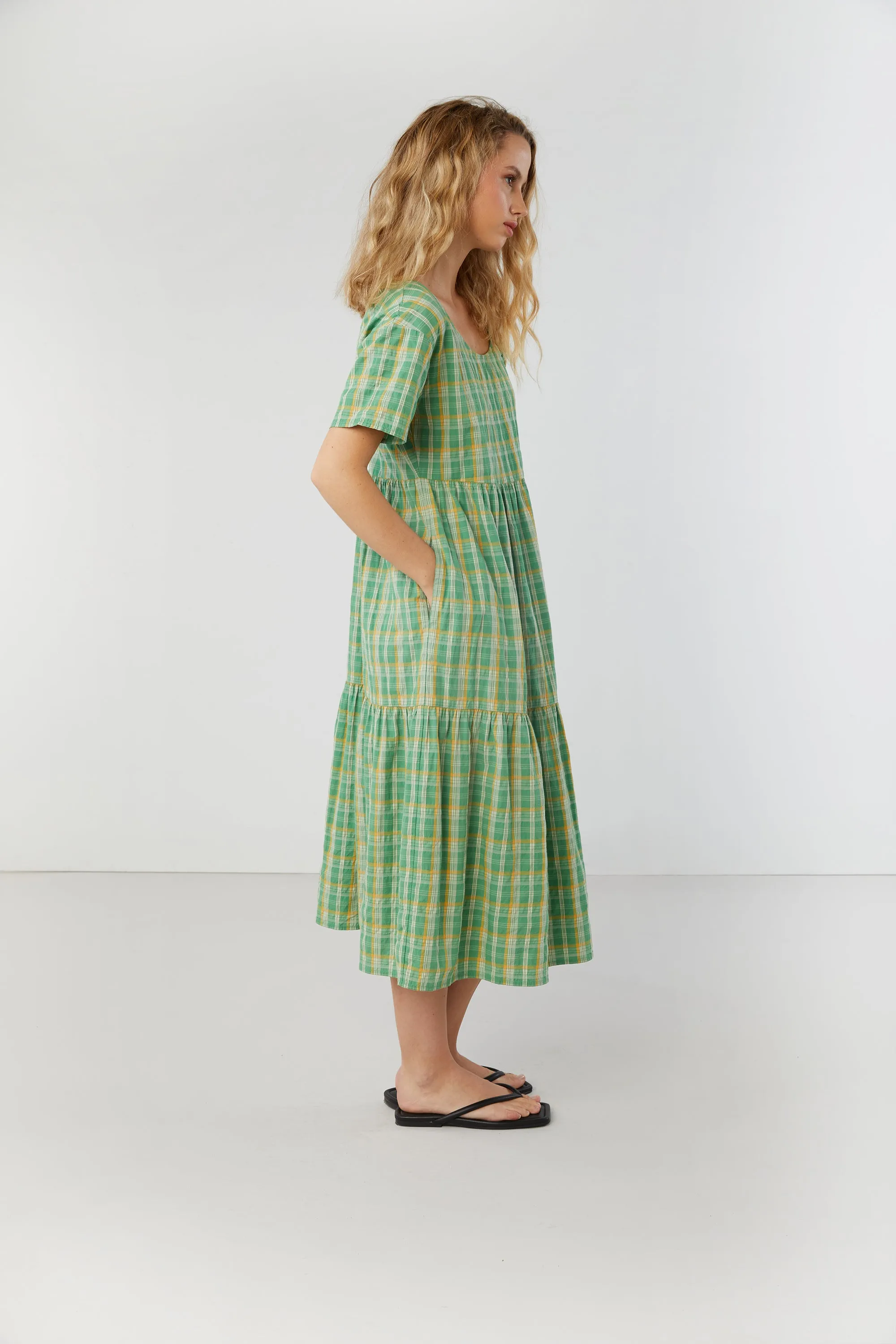 PLAID TIERED MIDI DRESS