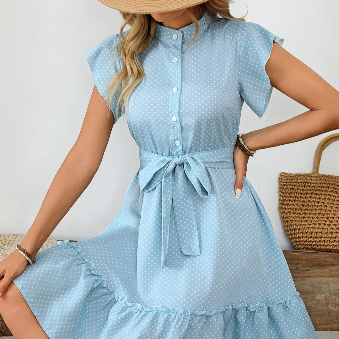 Polka Dot A-Line Midi Dress Womens Summer Belted Lace Sleeve Dress,Breathable Fabric, Button Front