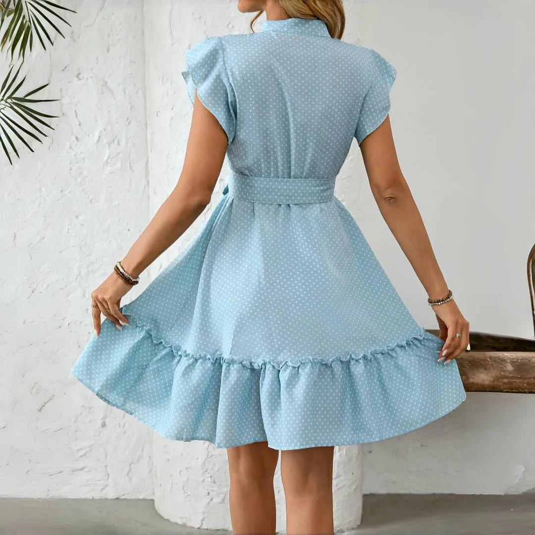 Polka Dot A-Line Midi Dress Womens Summer Belted Lace Sleeve Dress,Breathable Fabric, Button Front