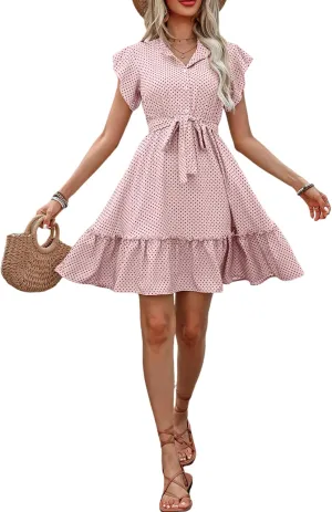 Polka Dot A-Line Midi Dress Womens Summer Belted Lace Sleeve Dress,Breathable Fabric, Button Front
