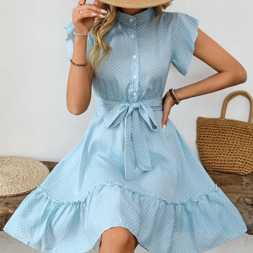 Polka Dot A-Line Midi Dress Womens Summer Belted Lace Sleeve Dress,Breathable Fabric, Button Front