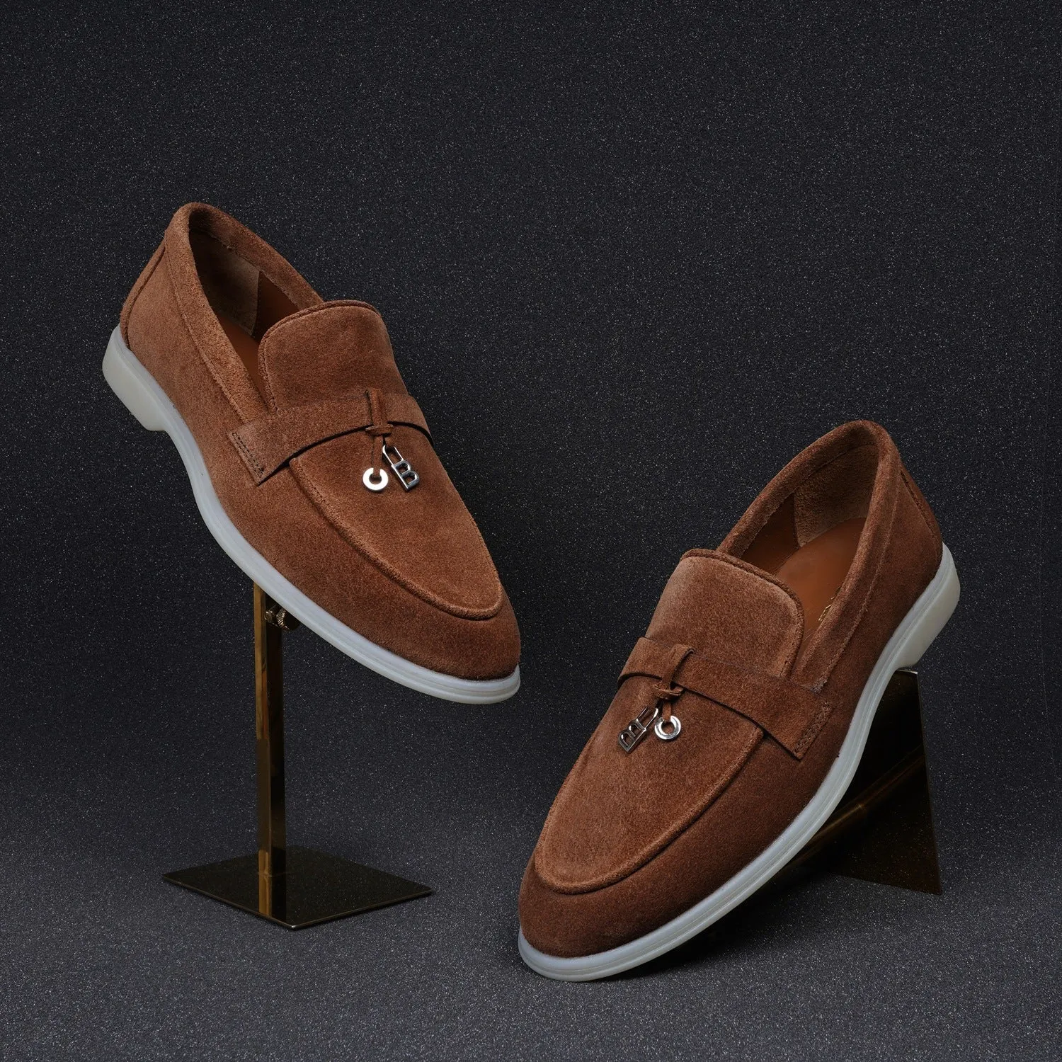 Rustic Suede Leather Loafer with Metal Initial