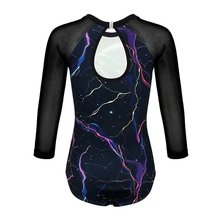 Thunder Strike Black 3/4 Mesh Sleeve Gymnastics Leotard Set for Girls