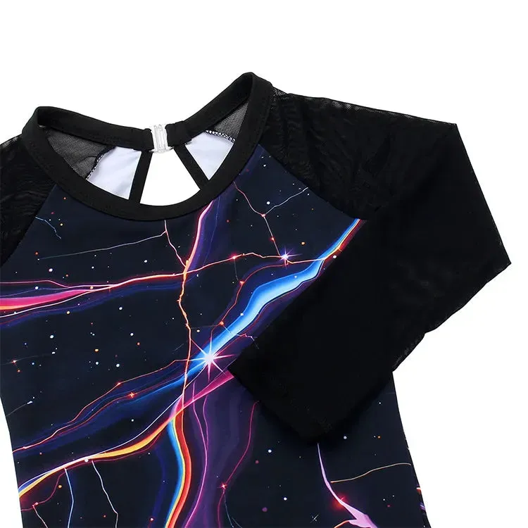 Thunder Strike Black 3/4 Mesh Sleeve Gymnastics Leotard Set for Girls