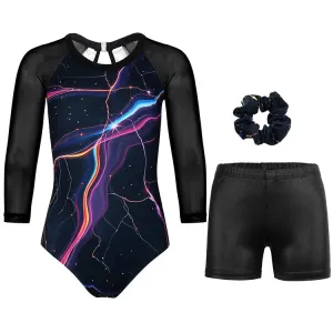 Thunder Strike Black 3/4 Mesh Sleeve Gymnastics Leotard Set for Girls Thunder Strike Black 3/4 Mesh Sleeve Gymnastics Leotard Set for Girls