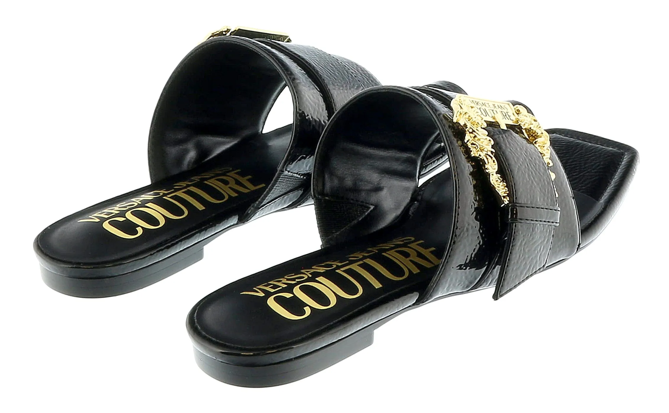 Versace Jeans Couture Black Logo Baroque Flat Slip On Mule Sandals-
