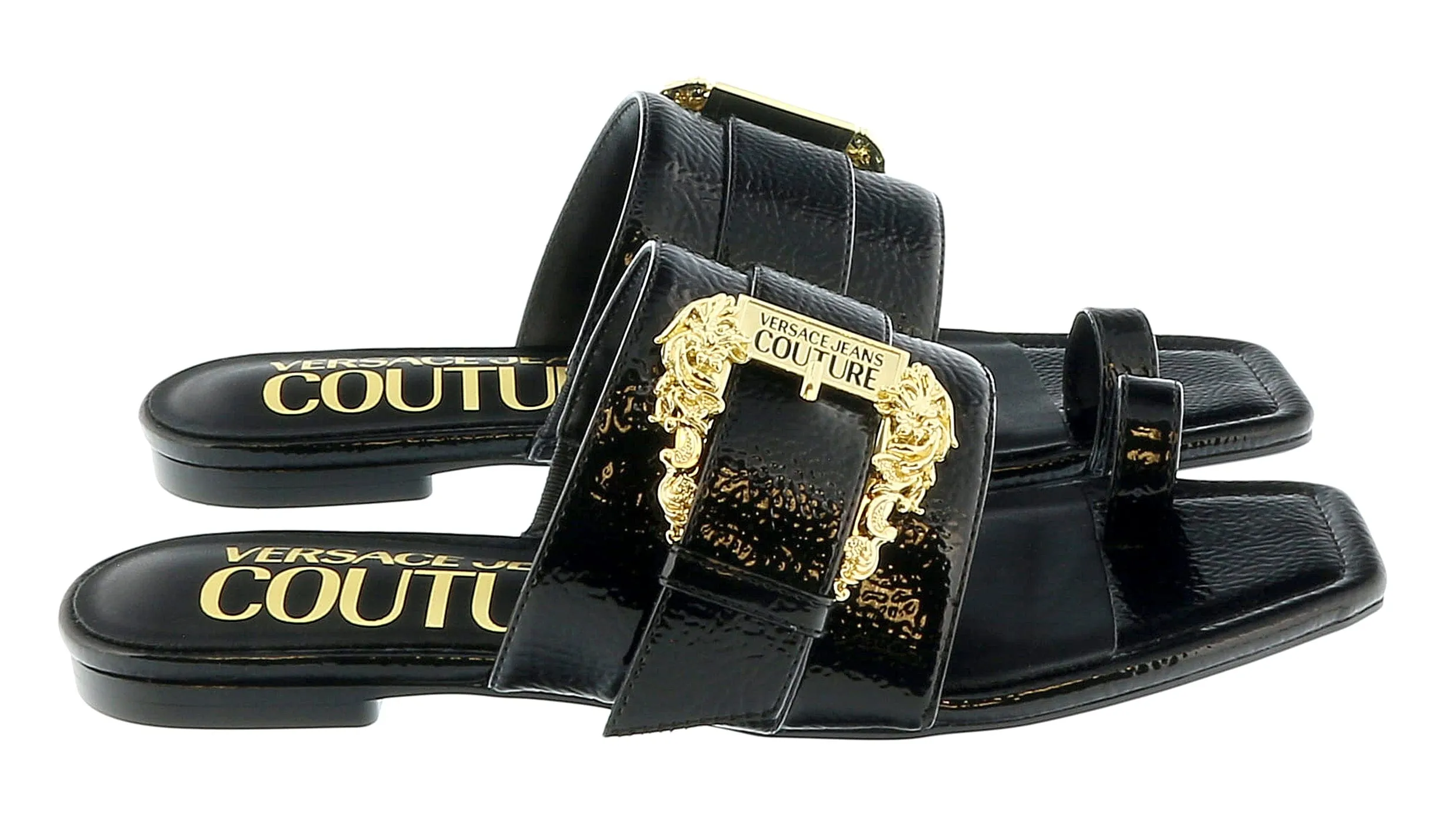 Versace Jeans Couture Black Logo Baroque Flat Slip On Mule Sandals-