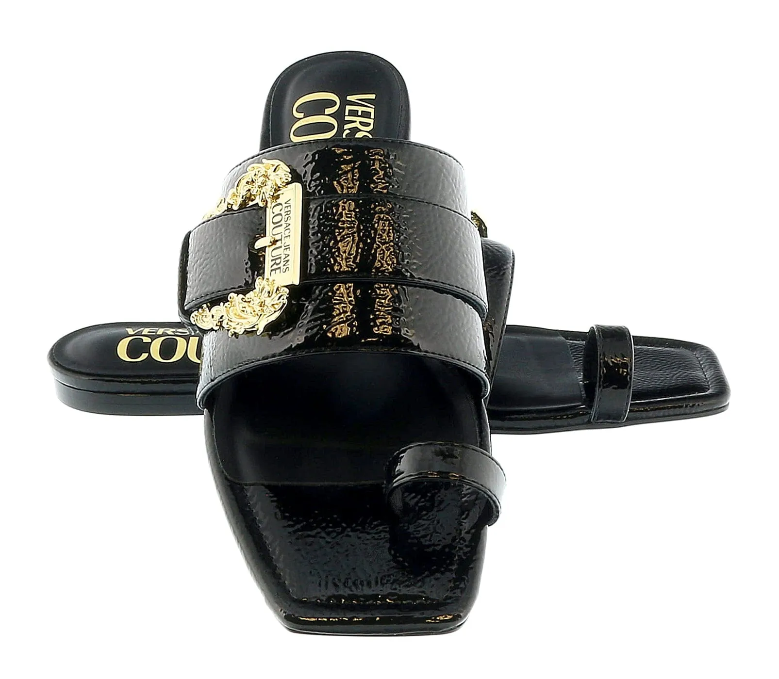 Versace Jeans Couture Black Logo Baroque Flat Slip On Mule Sandals-