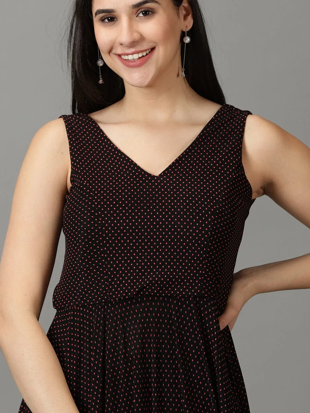 Women Black Polka Dots Printed V-Neck Fit & Flare Maxi Dress