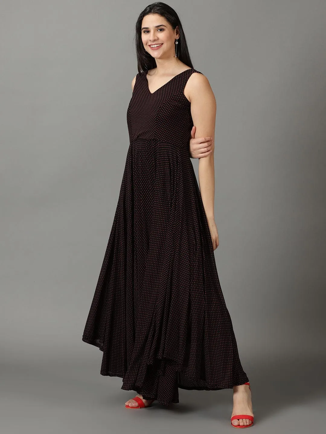 Women Black Polka Dots Printed V-Neck Fit & Flare Maxi Dress