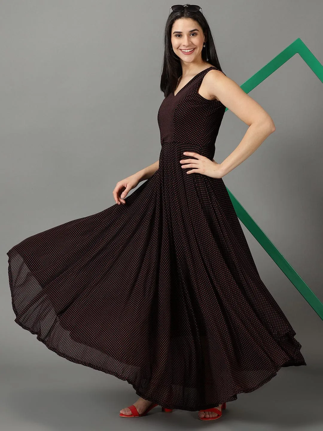 Women Black Polka Dots Printed V-Neck Fit & Flare Maxi Dress