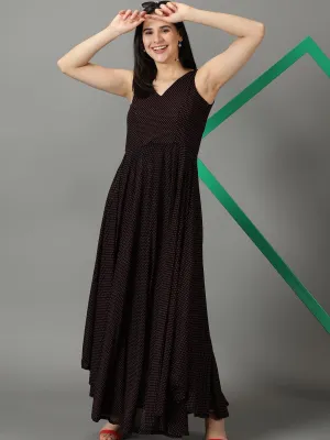 Women Black Polka Dots Printed V-Neck Fit & Flare Maxi Dress