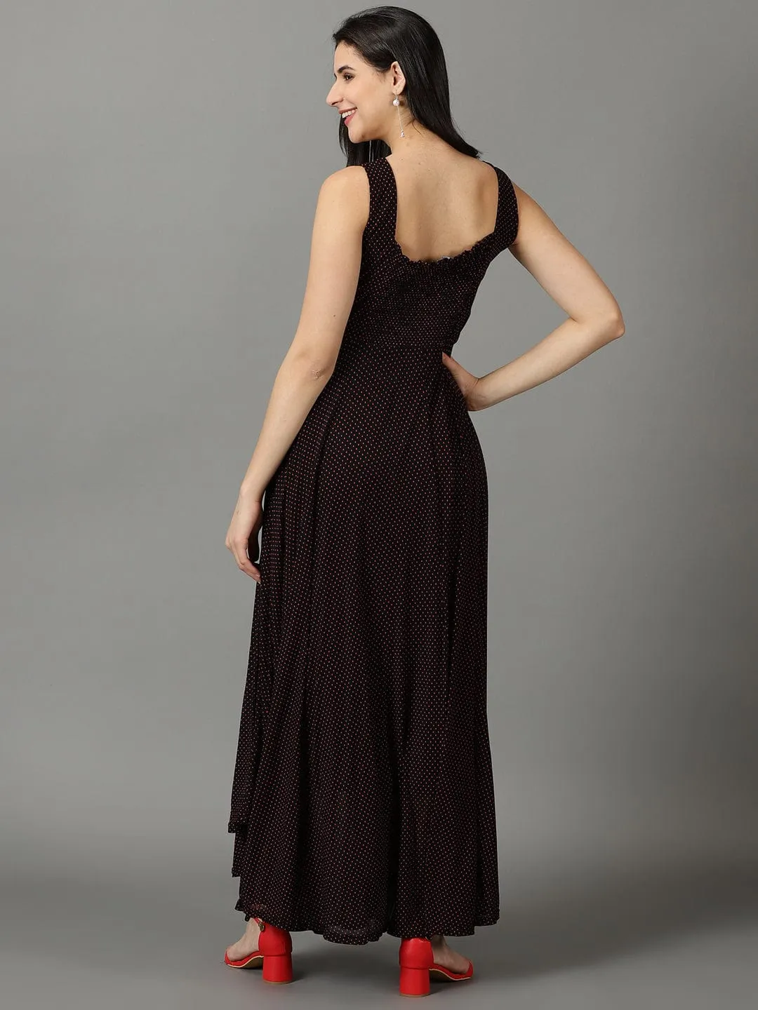 Women Black Polka Dots Printed V-Neck Fit & Flare Maxi Dress