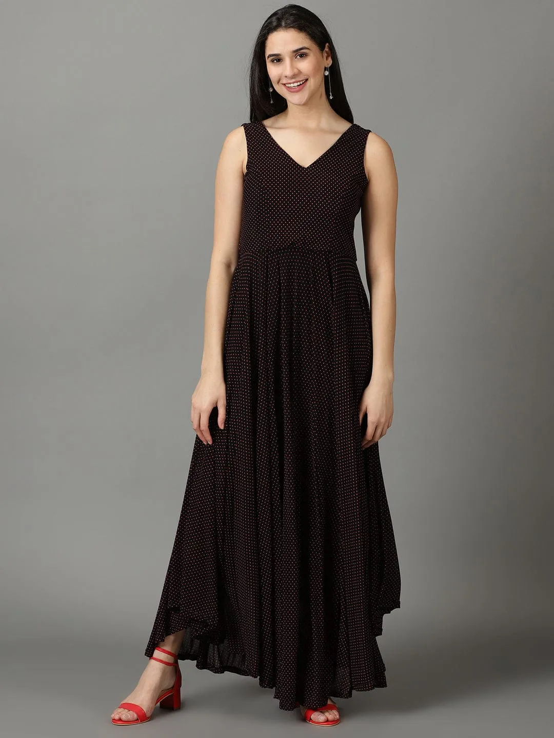 Women Black Polka Dots Printed V-Neck Fit & Flare Maxi Dress