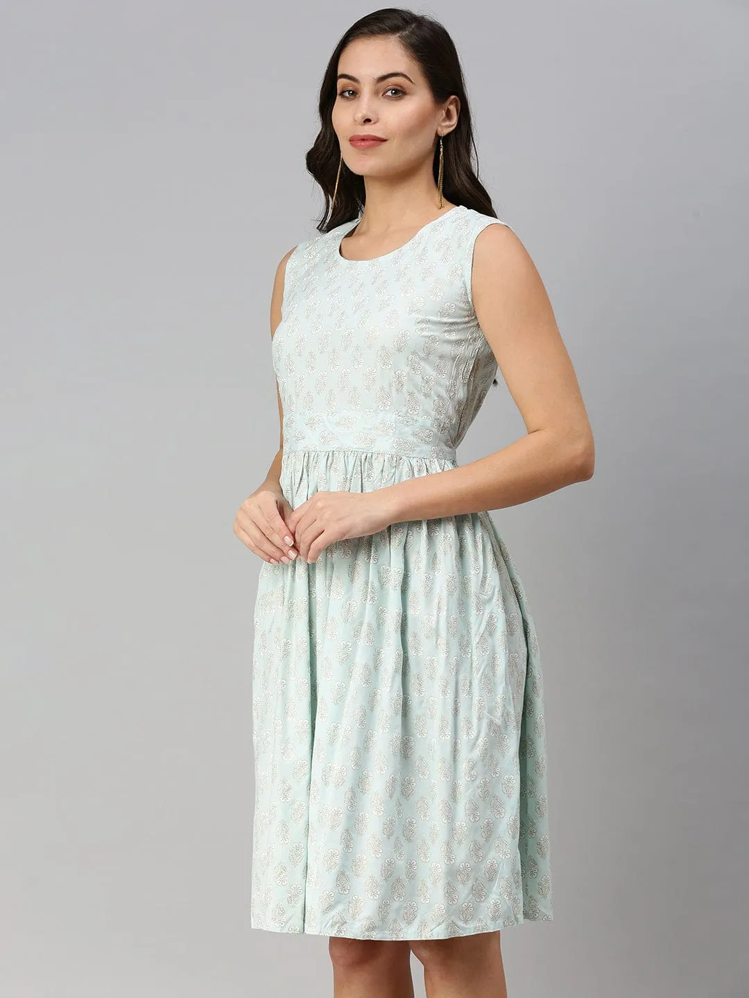 Women Casual Printed Fit and Flare Blue Dress