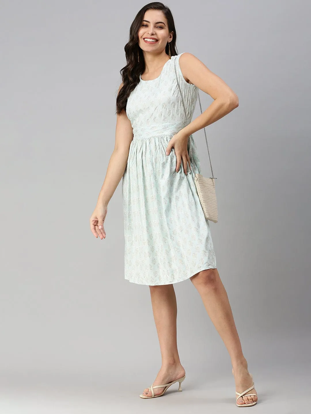 Women Casual Printed Fit and Flare Blue Dress