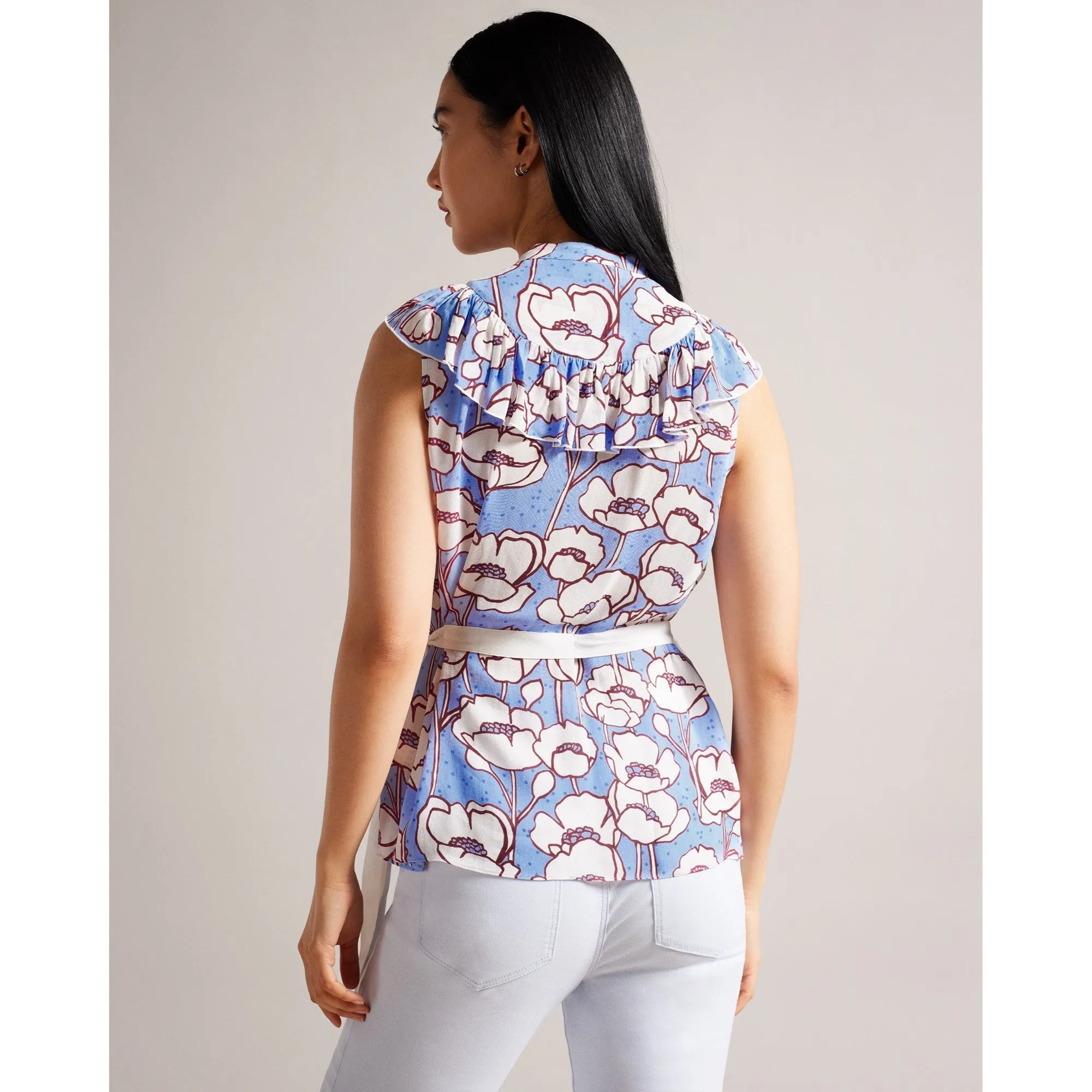 Women Wmb-Audriar-Sleeveless Frilled Top With Contrast Ties - Blue