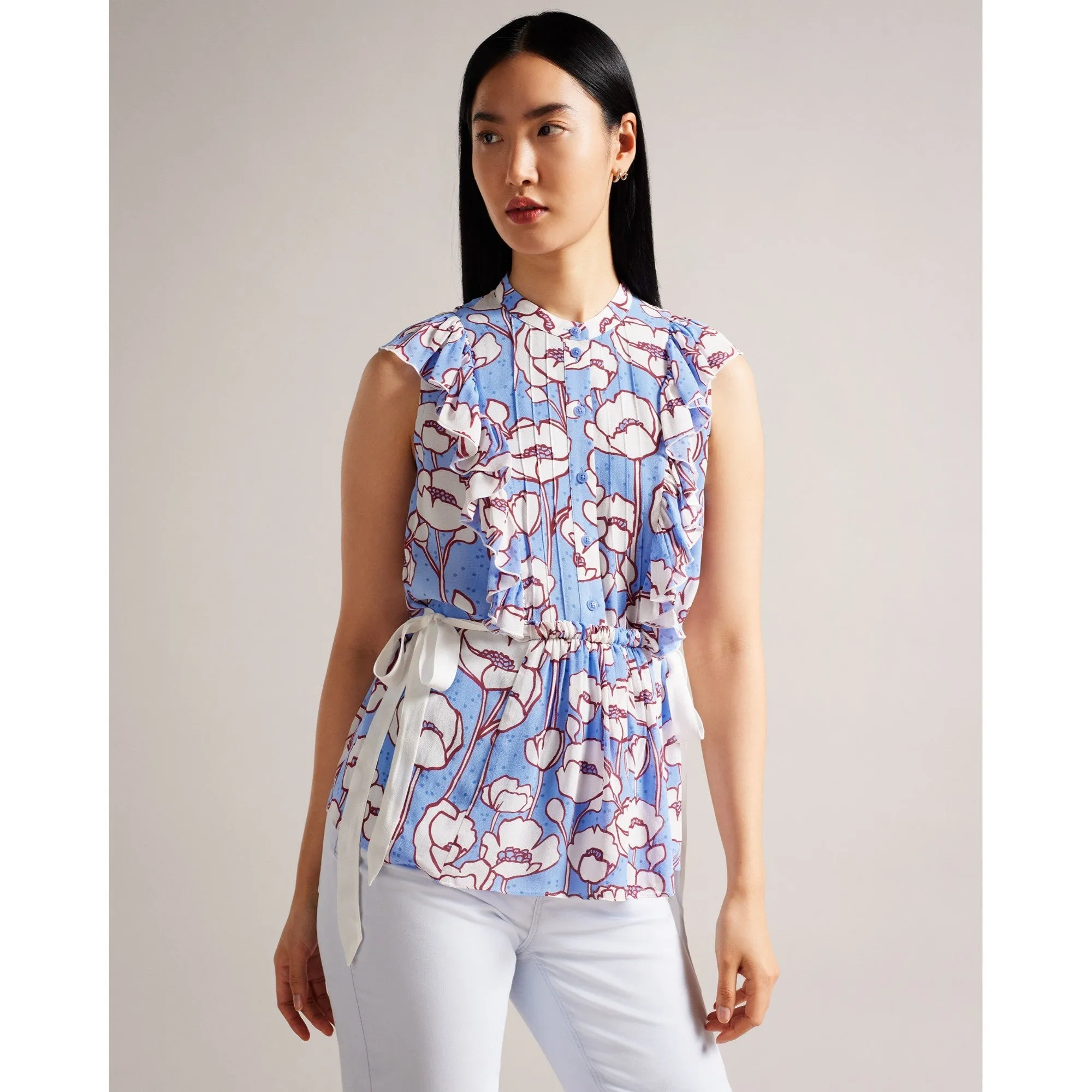 Women Wmb-Audriar-Sleeveless Frilled Top With Contrast Ties - Blue