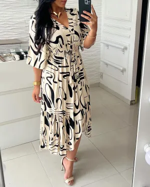Women's Abstract Print Midi Dress | Elegant & Flowing