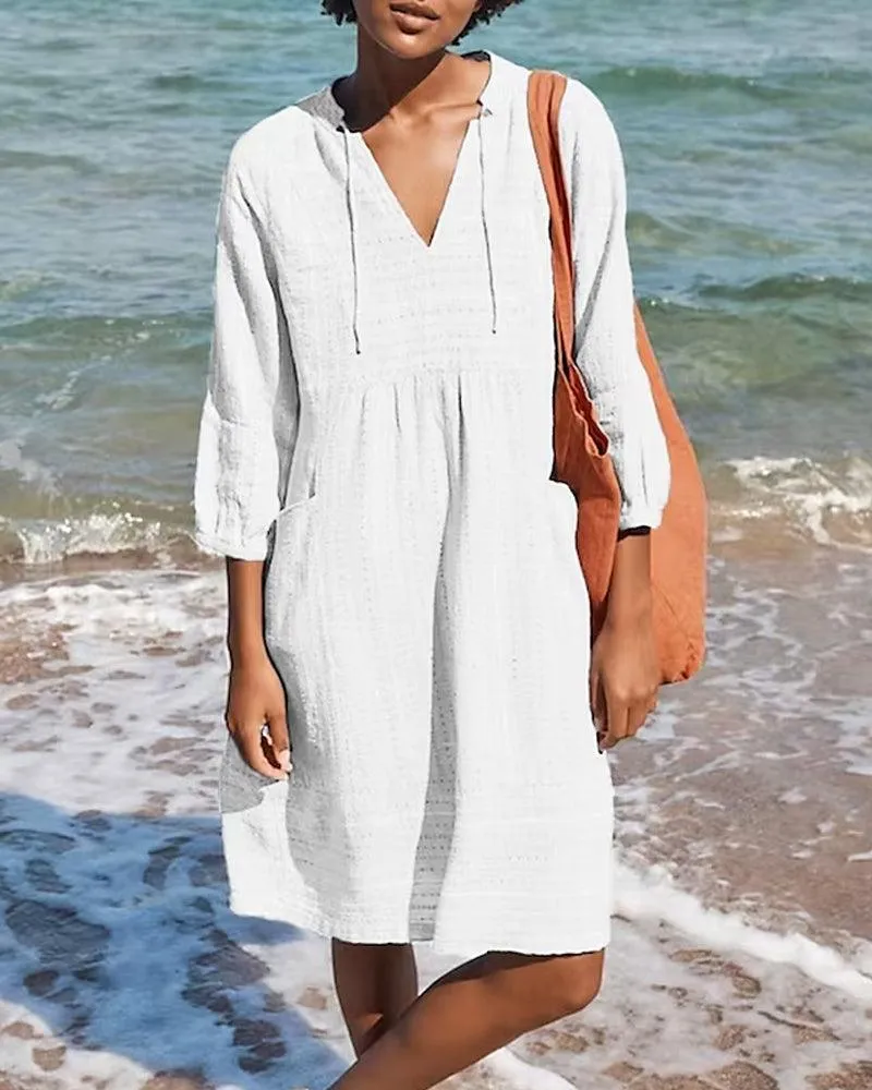 Women's Beach Dress - Loose Fit - Lightweight Breathable Fabric - V-Neck 3/4 Sleeve