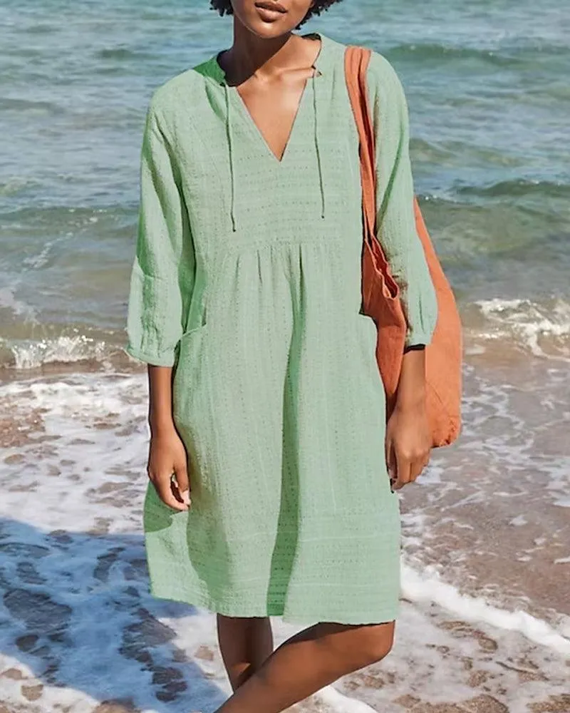 Women's Beach Dress - Loose Fit - Lightweight Breathable Fabric - V-Neck 3/4 Sleeve