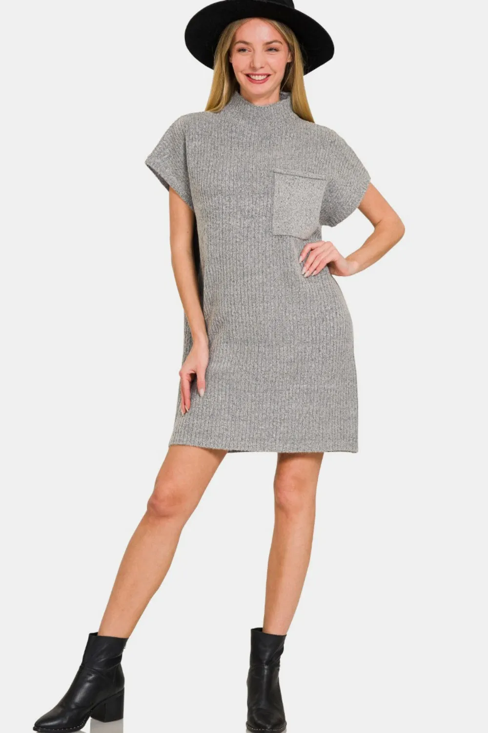 Zenana Grey Mock Neck Short Sleeve Sweater Mini Dress