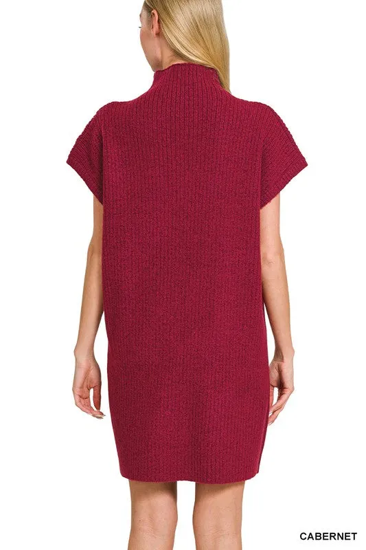 Zenana Grey Mock Neck Short Sleeve Sweater Mini Dress