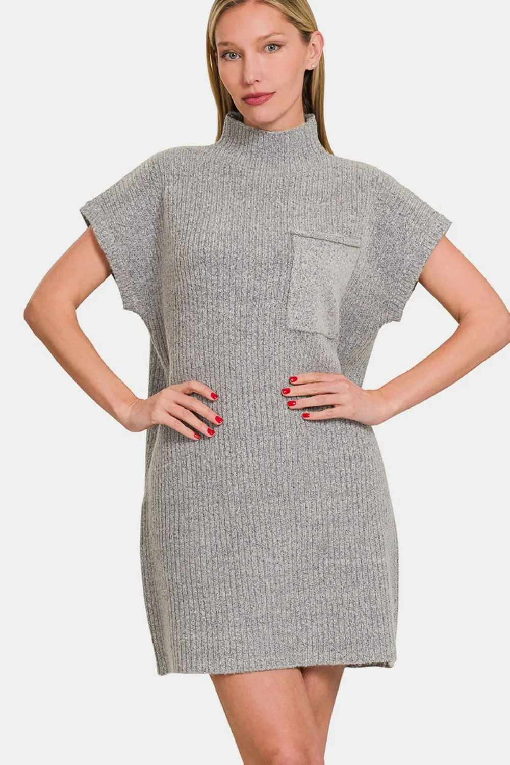 Zenana Grey Mock Neck Short Sleeve Sweater Mini Dress