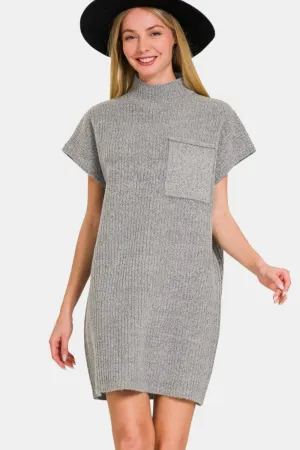 Zenana Grey Mock Neck Short Sleeve Sweater Mini Dress