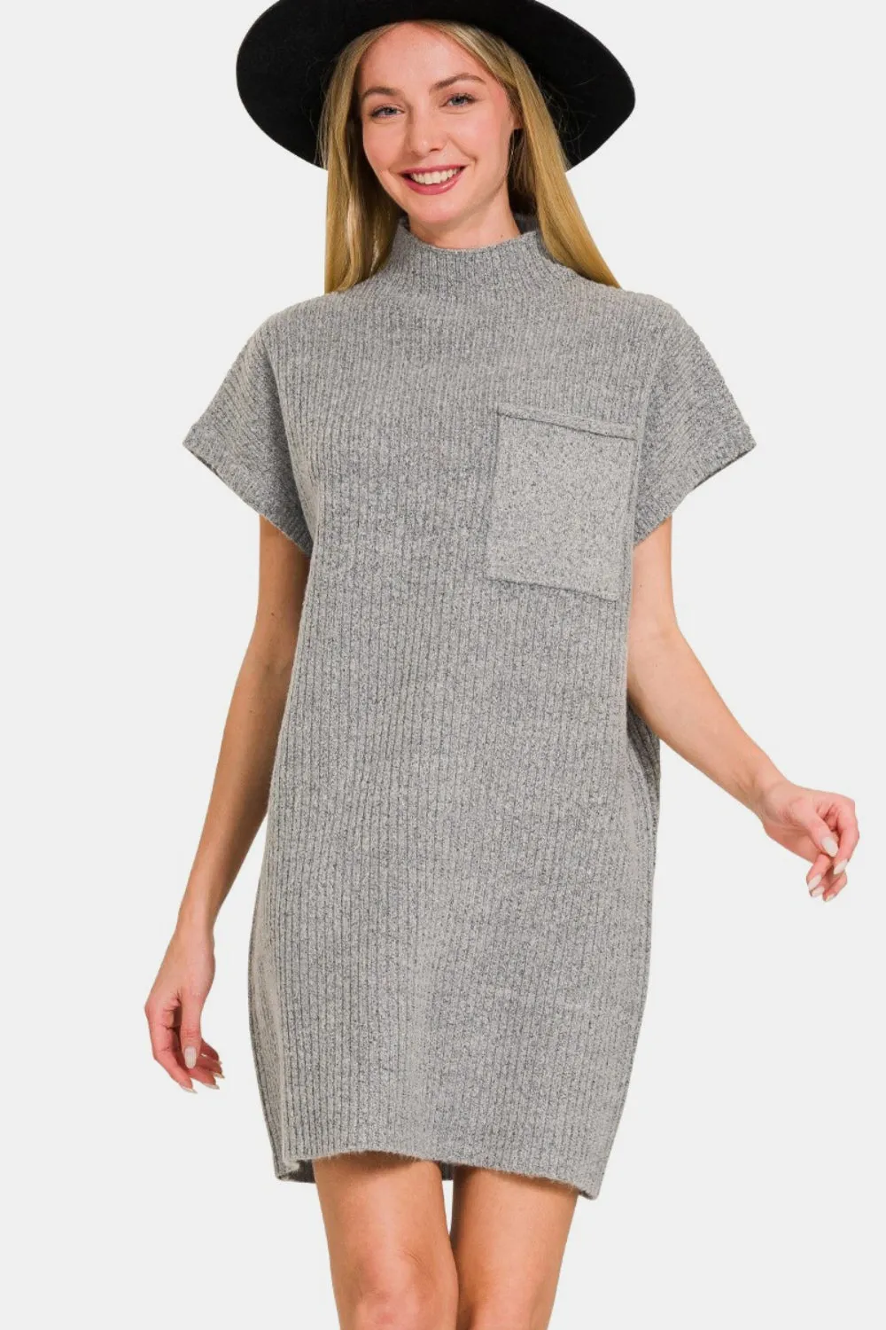 Zenana Grey Mock Neck Short Sleeve Sweater Mini Dress
