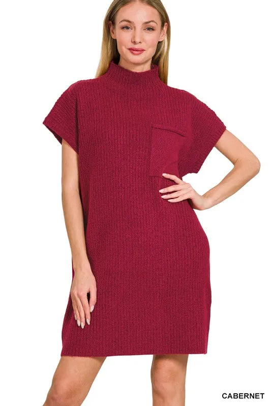 Zenana Grey Mock Neck Short Sleeve Sweater Mini Dress